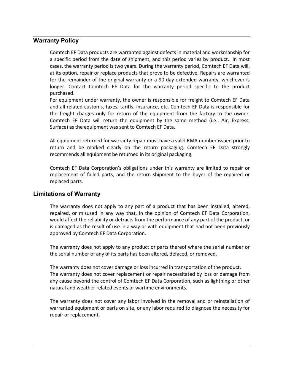 Warranty policy, Limitations of warranty | Comtech EF Data DT-4500-A Series User Manual | Page 20 / 162