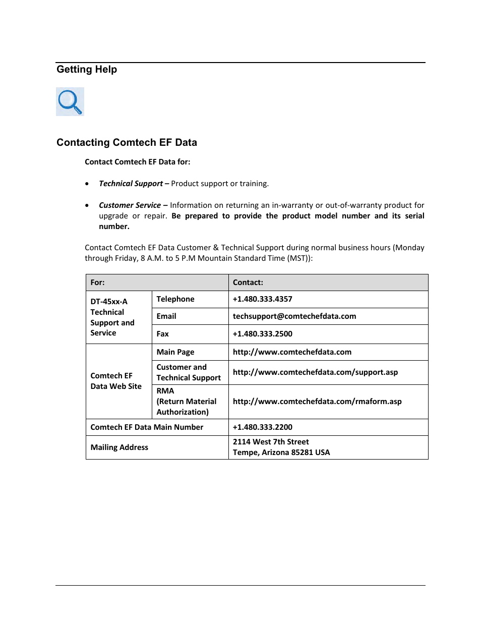 Getting help, Contacting comtech ef data | Comtech EF Data DT-4500-A Series User Manual | Page 22 / 162