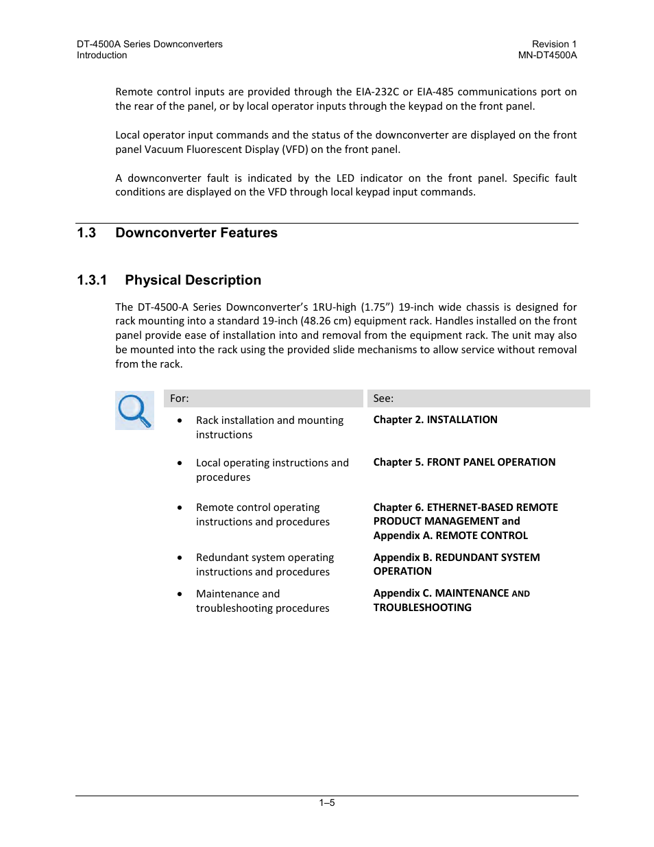 3 downconverter features, 1 physical description | Comtech EF Data DT-4500-A Series User Manual | Page 29 / 162