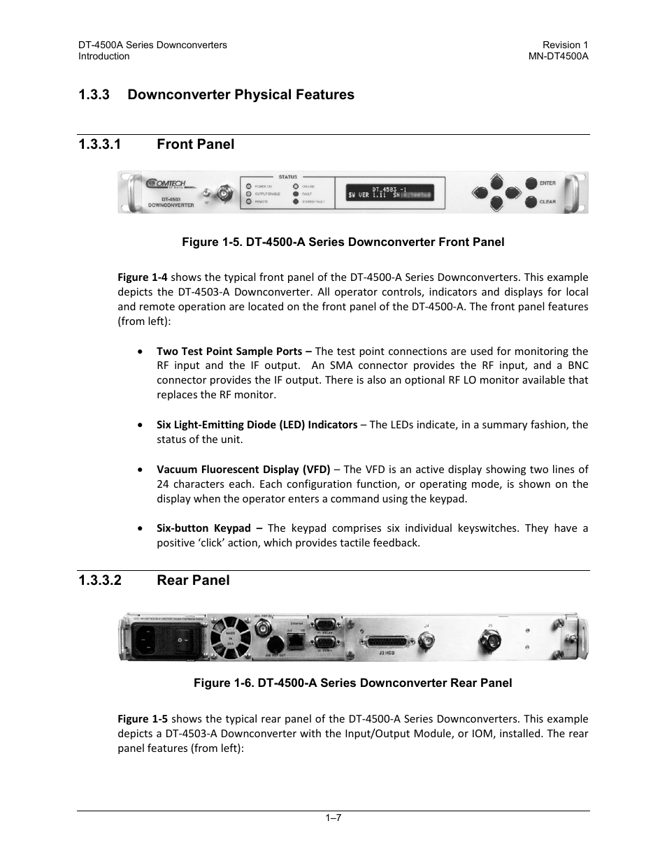 3 downconverter physical features, 1 front panel, 2 rear panel | Comtech EF Data DT-4500-A Series User Manual | Page 31 / 162