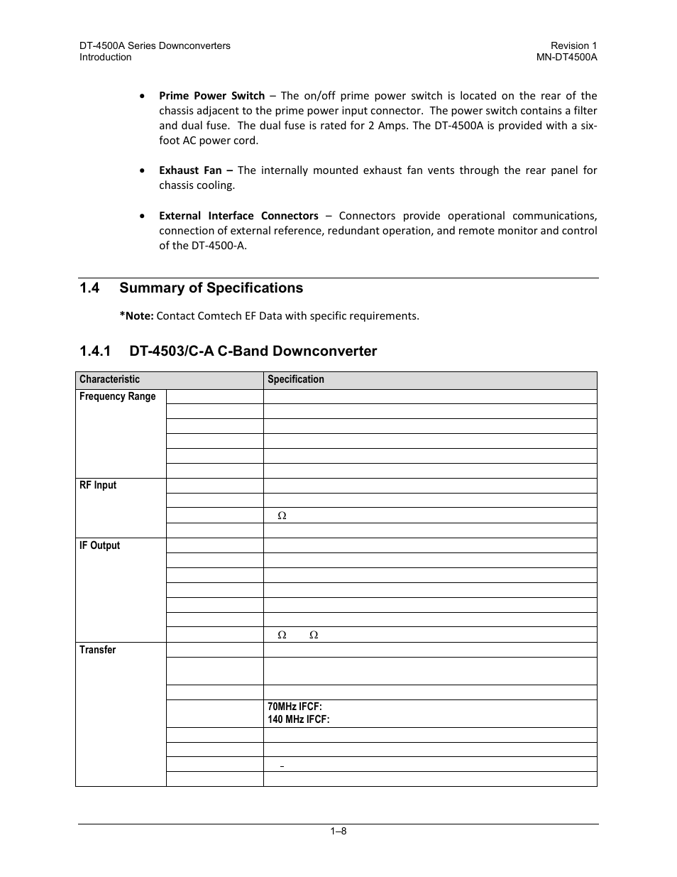 4 summary of specifications, 1 dt-4503/c-a c-band downconverter | Comtech EF Data DT-4500-A Series User Manual | Page 32 / 162