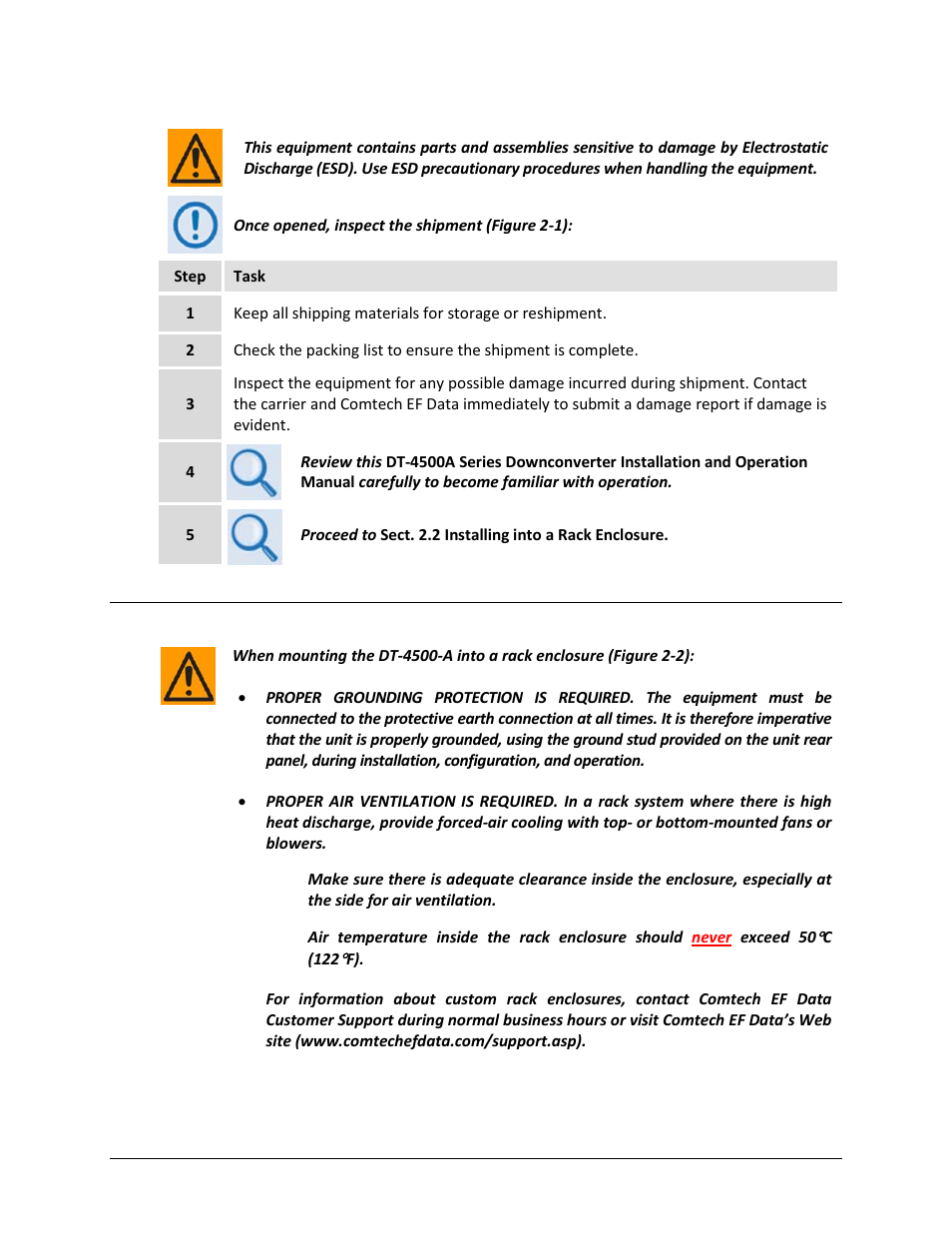 2 installing into a rack enclosure | Comtech EF Data DT-4500-A Series User Manual | Page 44 / 162