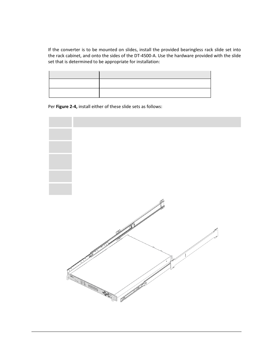 2 installing the bearingless rack slide sets | Comtech EF Data DT-4500-A Series User Manual | Page 48 / 162