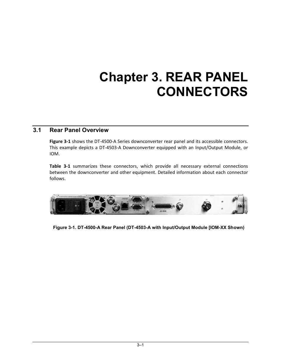 Chapter 3. rear panel connectors, 1 rear panel overview | Comtech EF Data DT-4500-A Series User Manual | Page 51 / 162