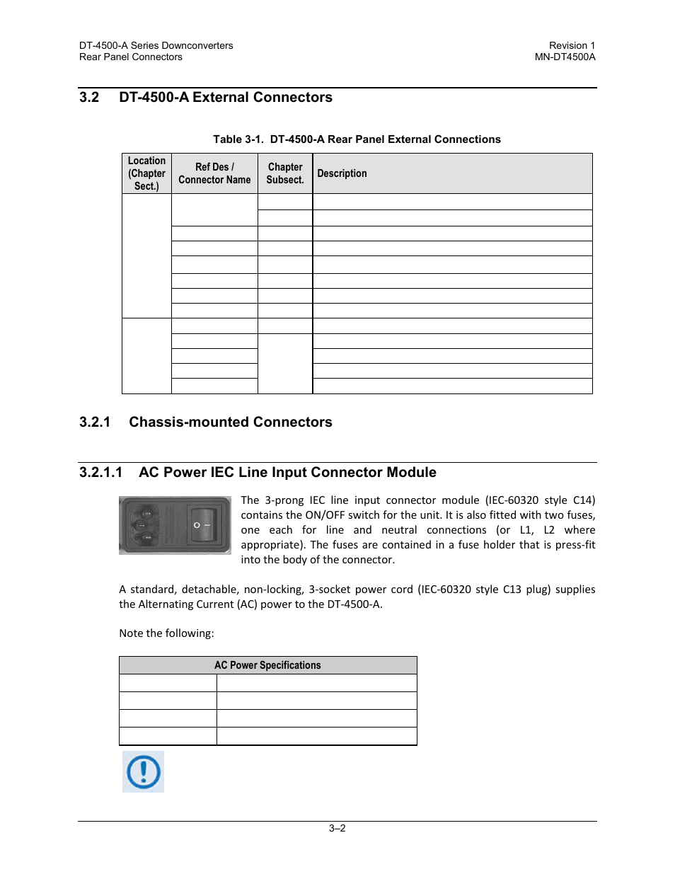 2 dt-4500-a external connectors, 1 chassis-mounted connectors, 1 ac power iec line input connector module | Comtech EF Data DT-4500-A Series User Manual | Page 52 / 162