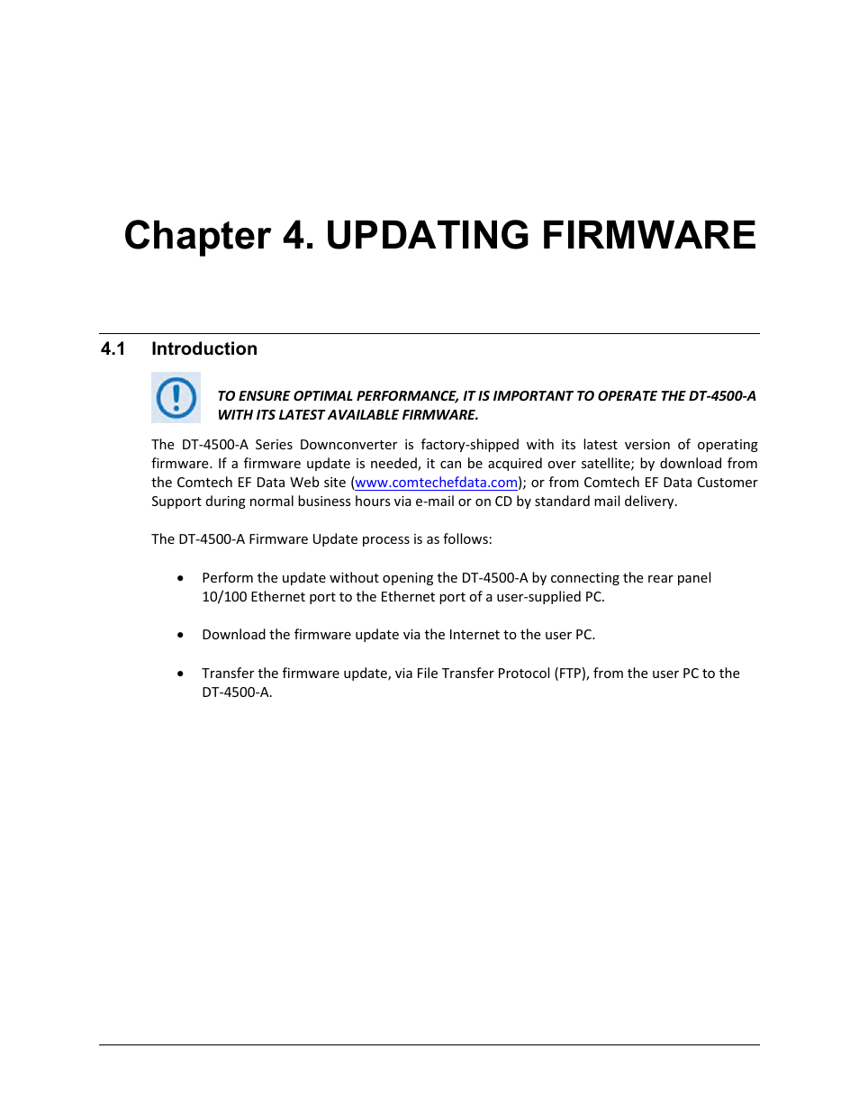Chapter 4. updating firmware, 1 introduction | Comtech EF Data DT-4500-A Series User Manual | Page 63 / 162