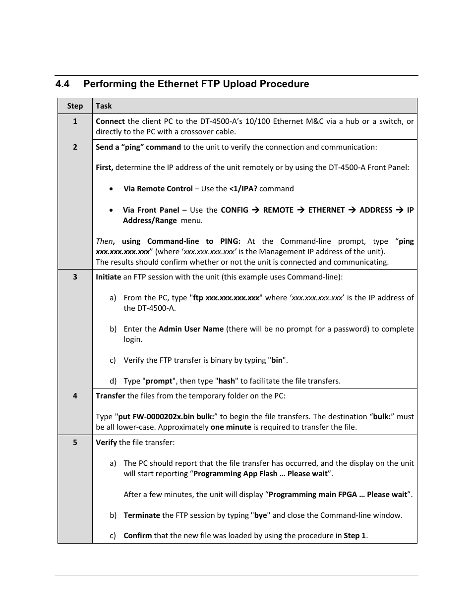 4 performing the ethernet ftp upload procedure | Comtech EF Data DT-4500-A Series User Manual | Page 66 / 162