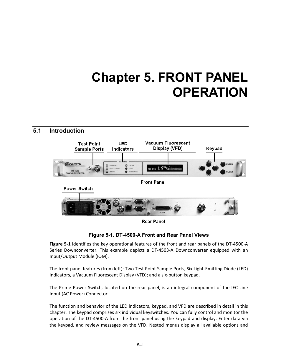 Chapter 5. front panel operation, 1 introduction, Chapter 5 | Front panel operation | Comtech EF Data DT-4500-A Series User Manual | Page 69 / 162