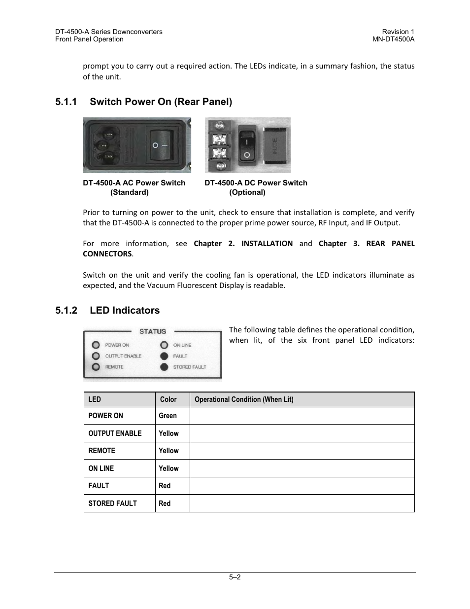 1 switch power on (rear panel), 2 led indicators | Comtech EF Data DT-4500-A Series User Manual | Page 70 / 162