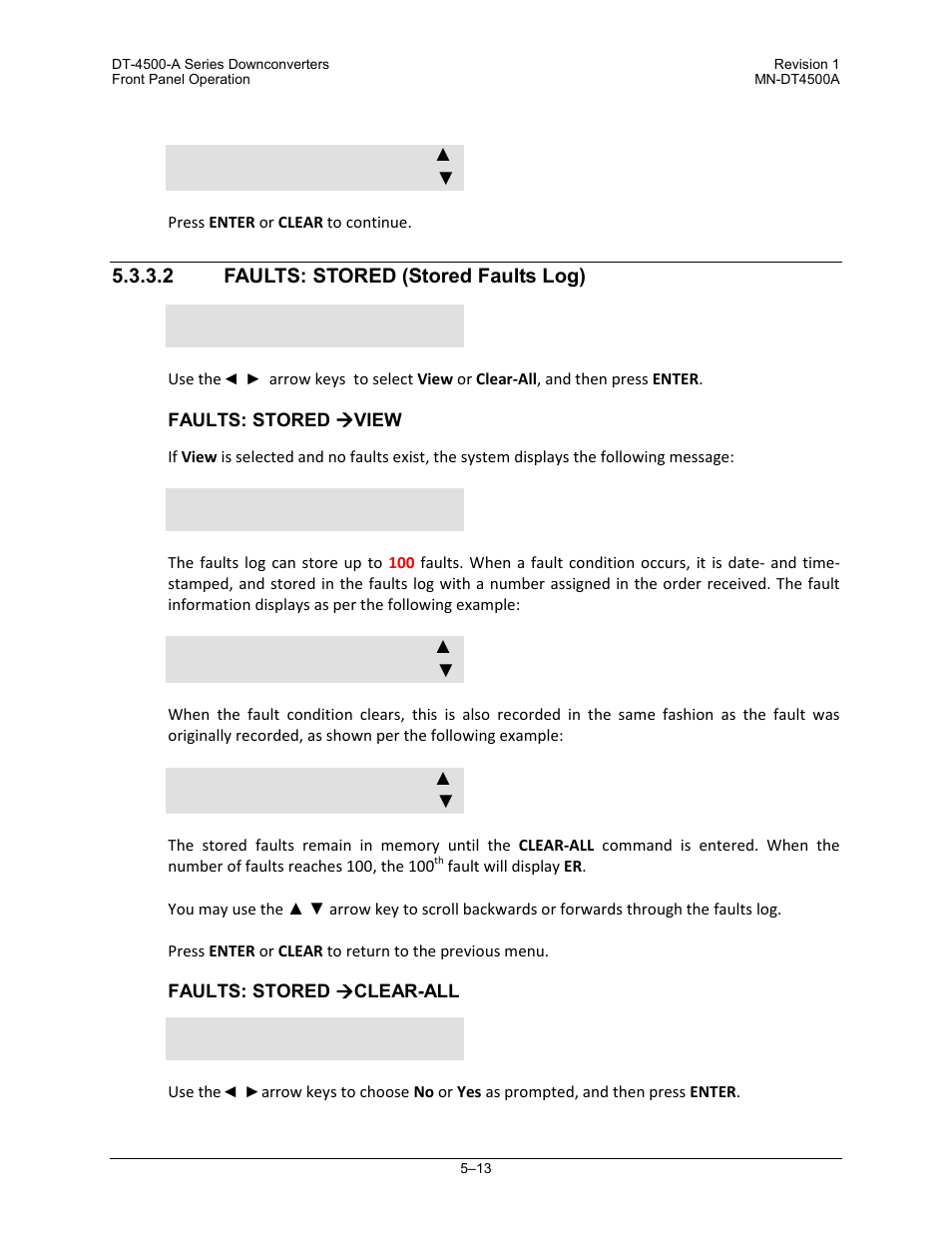 2 faults: stored (stored faults log) | Comtech EF Data DT-4500-A Series User Manual | Page 81 / 162