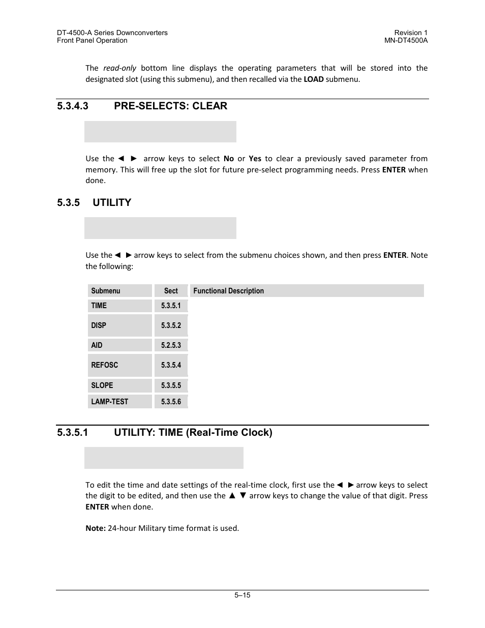 3 pre-selects: clear, 5 utility, 1 utility: time (real-time clock) | Comtech EF Data DT-4500-A Series User Manual | Page 83 / 162