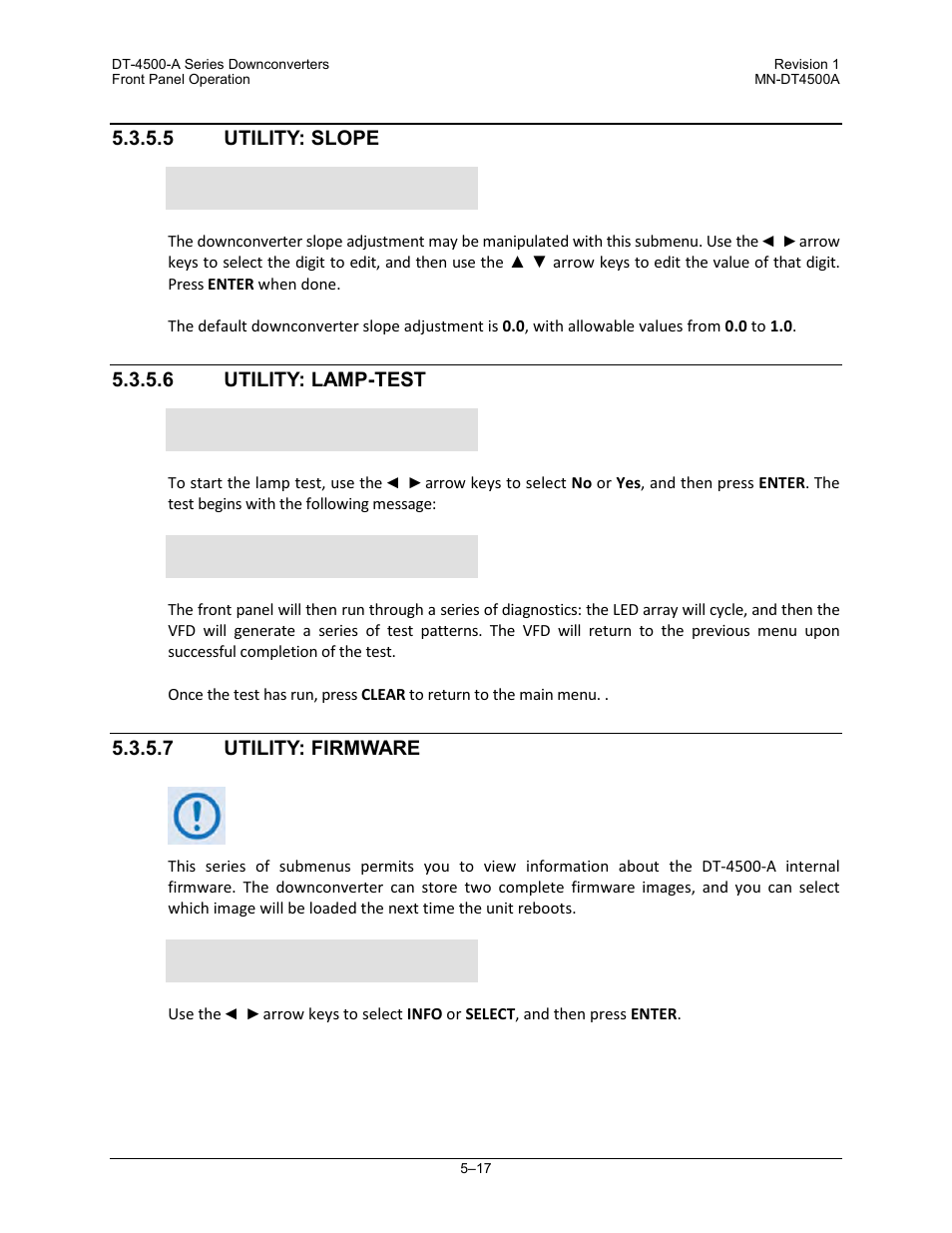 5 utility: slope, 6 utility: lamp-test, 7 utility: firmware | Comtech EF Data DT-4500-A Series User Manual | Page 85 / 162