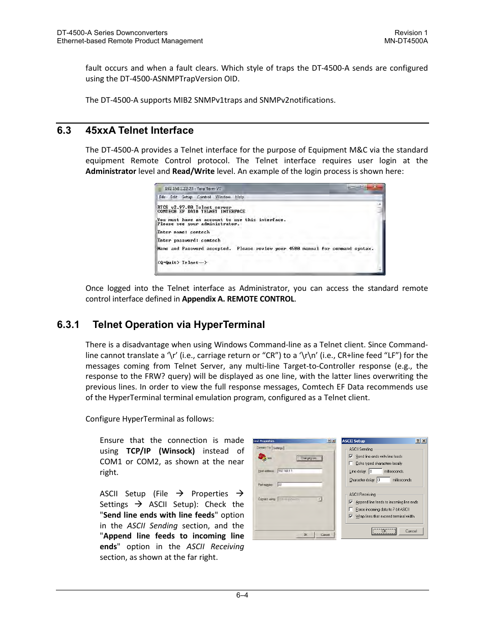 3 45xxa telnet interface, 1 telnet operation via hyperterminal | Comtech EF Data DT-4500-A Series User Manual | Page 90 / 162