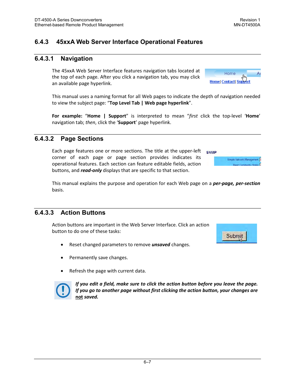 3 45xxa web server interface operational features, 1 navigation, 3 action buttons | Comtech EF Data DT-4500-A Series User Manual | Page 93 / 162