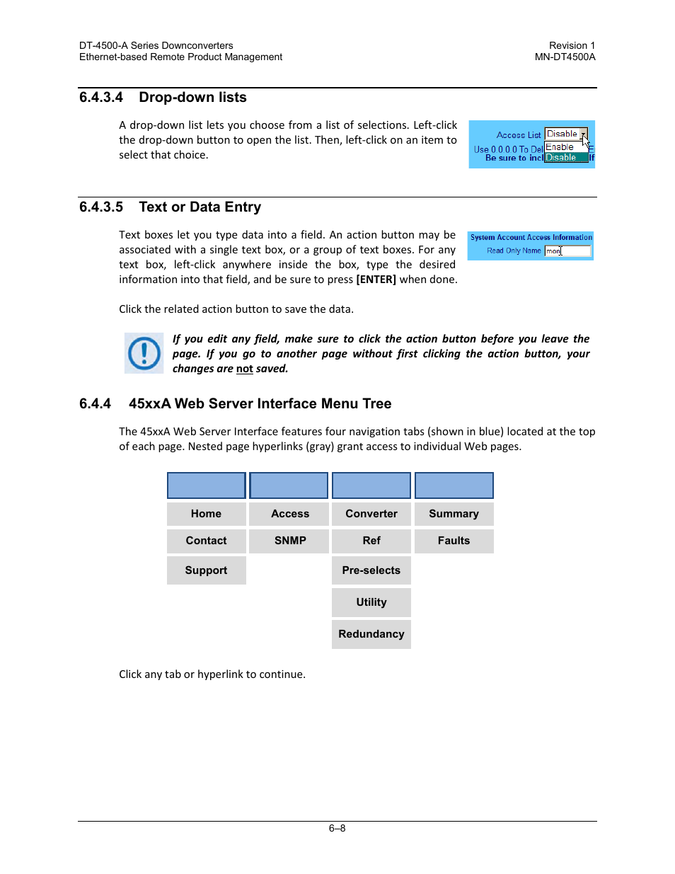 4 drop-down lists, 5 text or data entry, 4 45xxa web server interface menu tree | Comtech EF Data DT-4500-A Series User Manual | Page 94 / 162