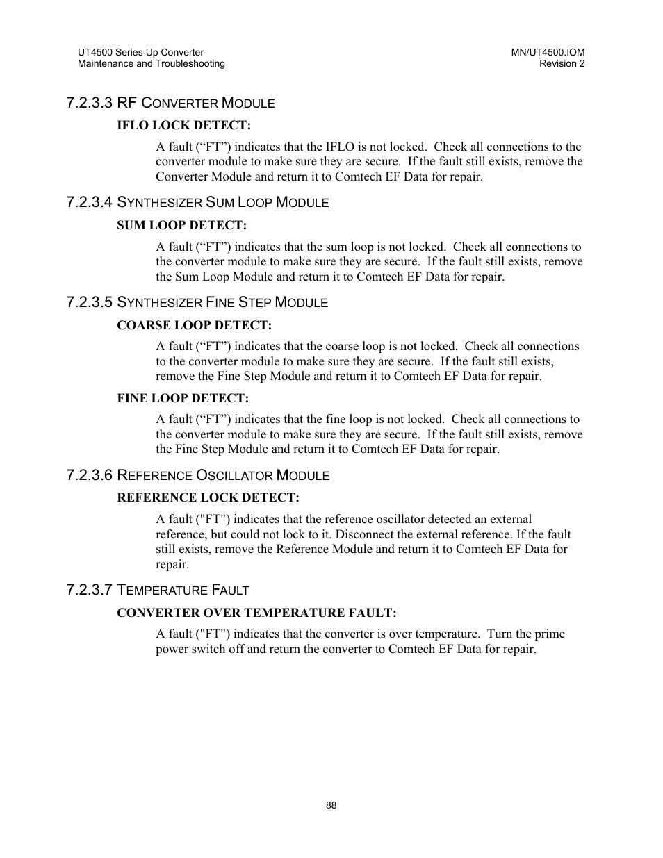 Rf converter module, Synthesizer sum loop module, Synthesizer fine step module | Reference oscillator module, Temperature fault | Comtech EF Data UT-4500 Series User Manual | Page 106 / 112