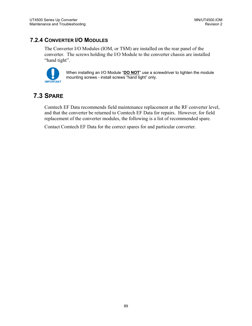 Converter i/o modules, Spare, I/o m | Comtech EF Data UT-4500 Series User Manual | Page 107 / 112