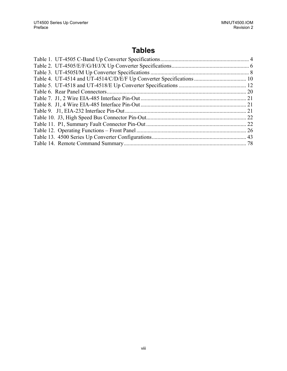 Tables | Comtech EF Data UT-4500 Series User Manual | Page 14 / 112