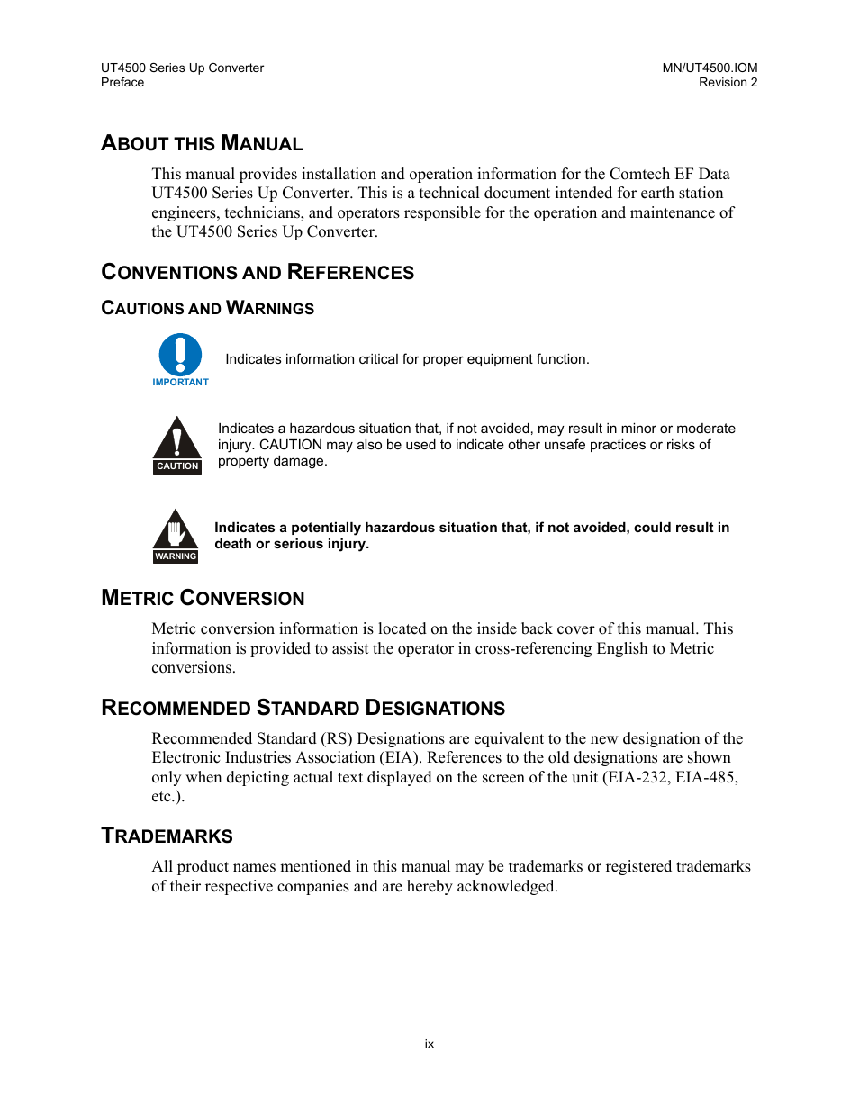 About this manual, Conventions and references, Cautions and warnings | Metric conversion, Recommended standard designations, Trademarks | Comtech EF Data UT-4500 Series User Manual | Page 15 / 112