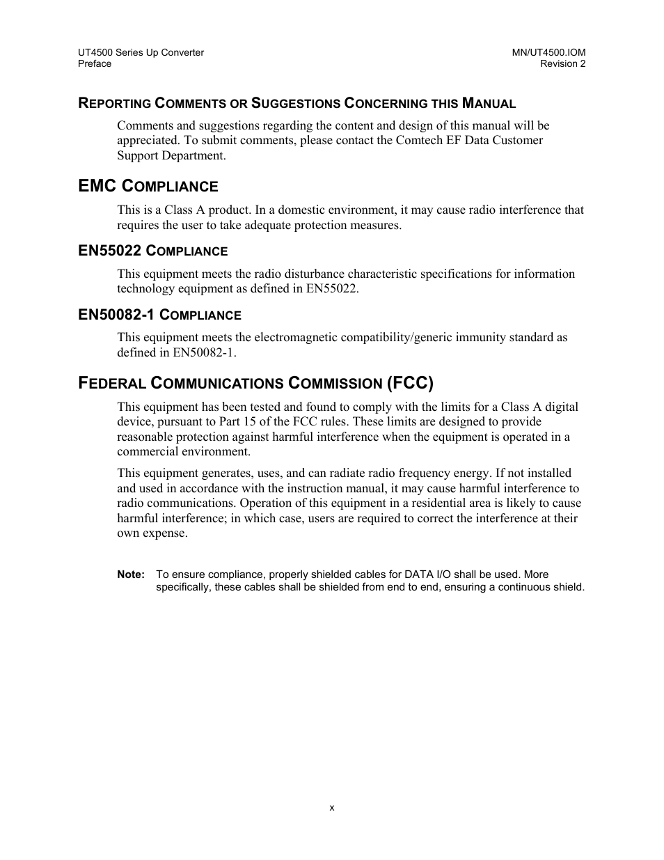 Emc compliance, En55022 compliance, En50082-1 compliance | Federal communications commission (fcc), Emc c, Fcc) | Comtech EF Data UT-4500 Series User Manual | Page 16 / 112