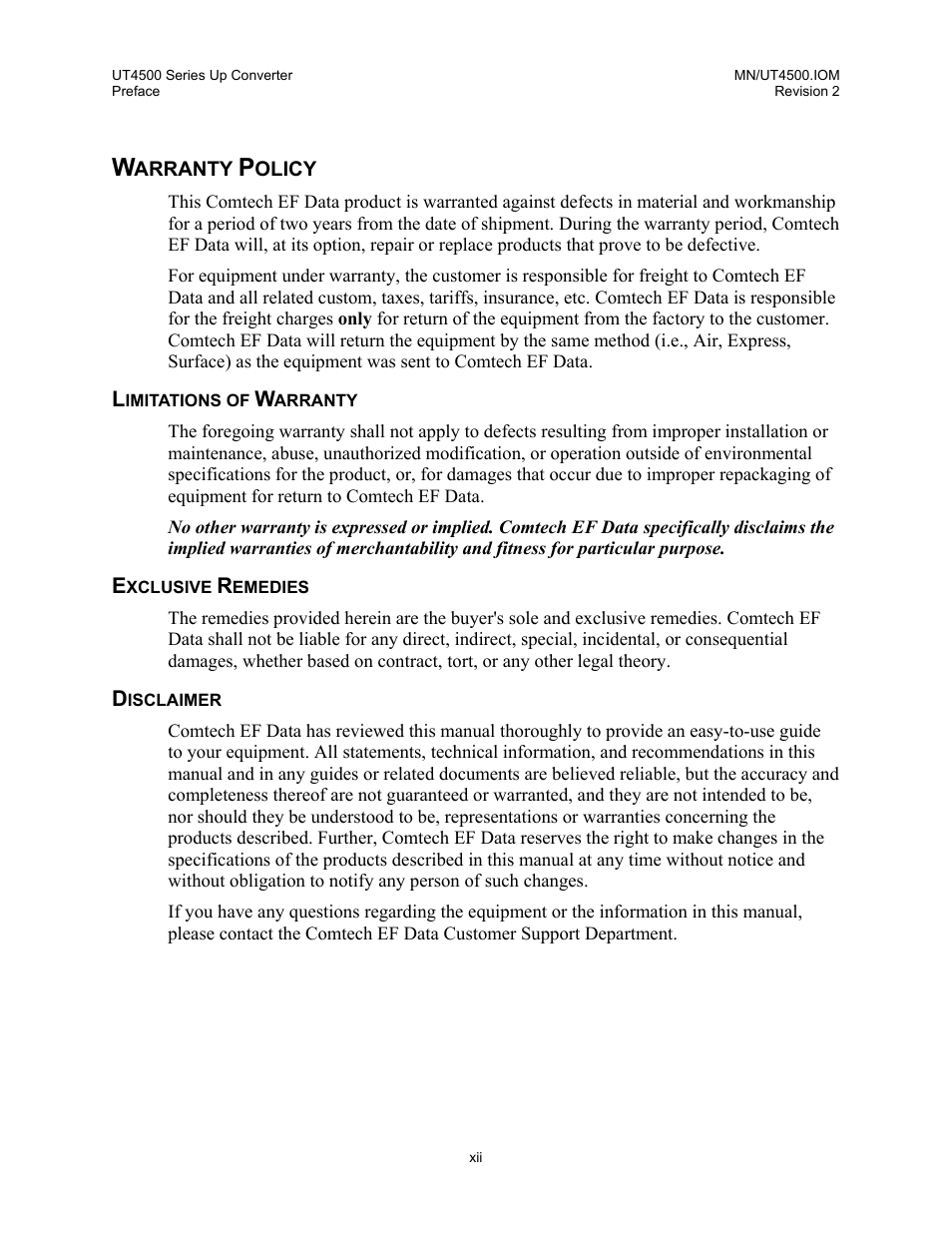 Warranty policy, Limitations of warranty, Exclusive remedies | Disclaimer | Comtech EF Data UT-4500 Series User Manual | Page 18 / 112