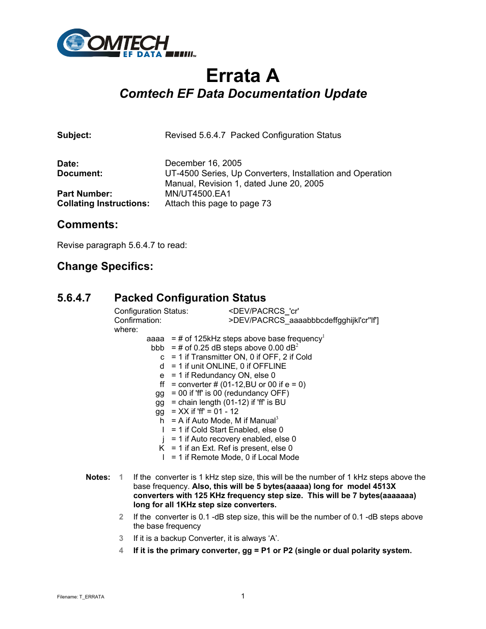 Errata a, Comtech ef data documentation update, Comments | Comtech EF Data UT-4500 Series User Manual | Page 3 / 112