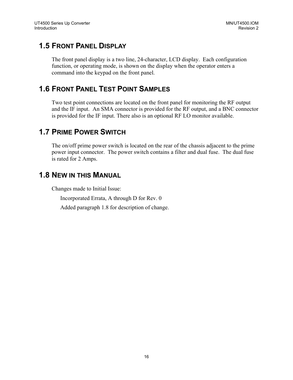 Front panel display, Front panel test point samples, Prime power switch | New in this manual | Comtech EF Data UT-4500 Series User Manual | Page 34 / 112