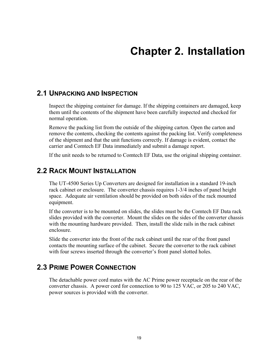 Installation, Unpacking and inspection, Rack mount installation | Prime power connection, Chapter 2. installation | Comtech EF Data UT-4500 Series User Manual | Page 37 / 112