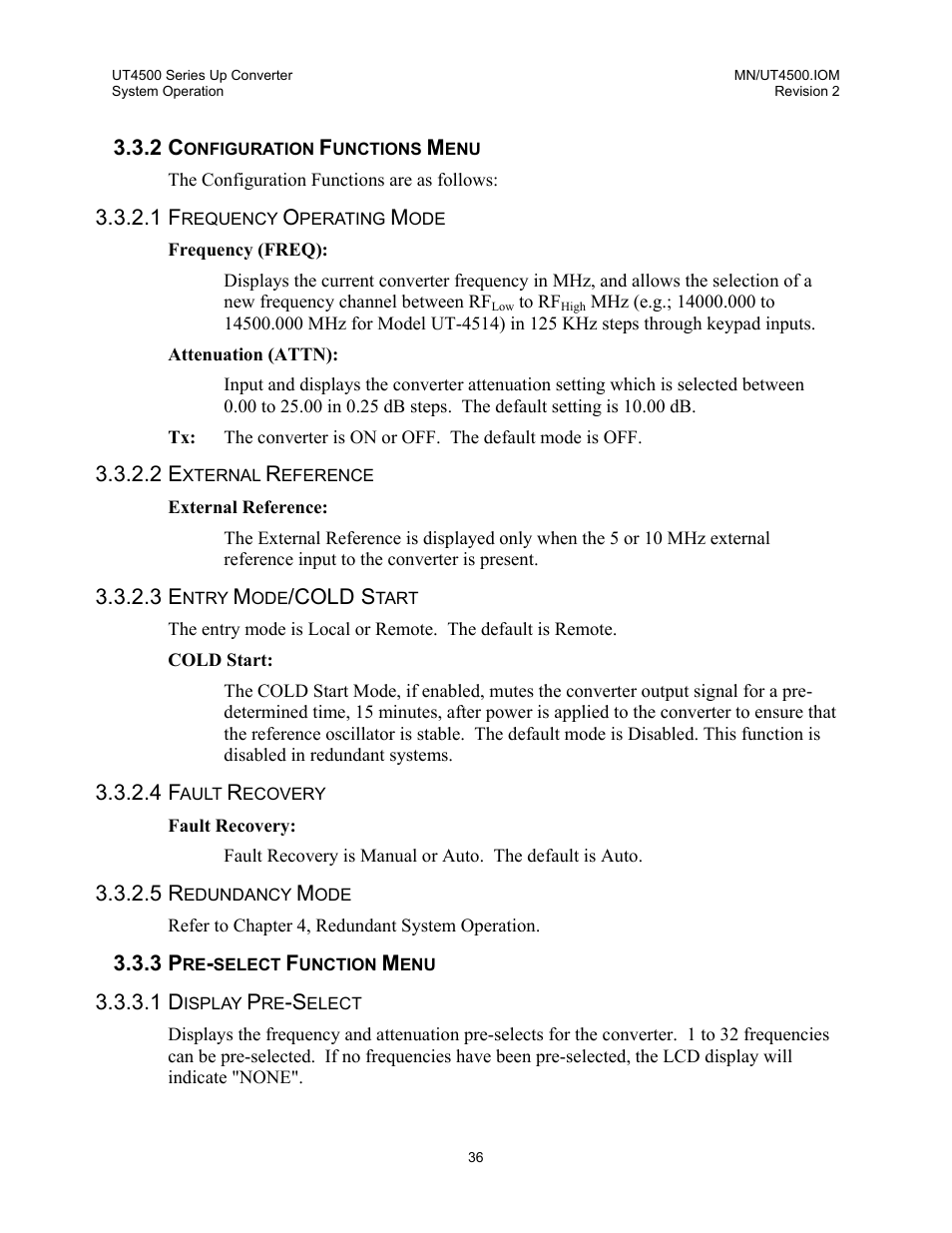 Configuration functions menu, Frequency operating mode, External reference | Entry mode/cold start, Fault recovery, Redundancy mode, Pre-select function menu, Display pre-select | Comtech EF Data UT-4500 Series User Manual | Page 54 / 112