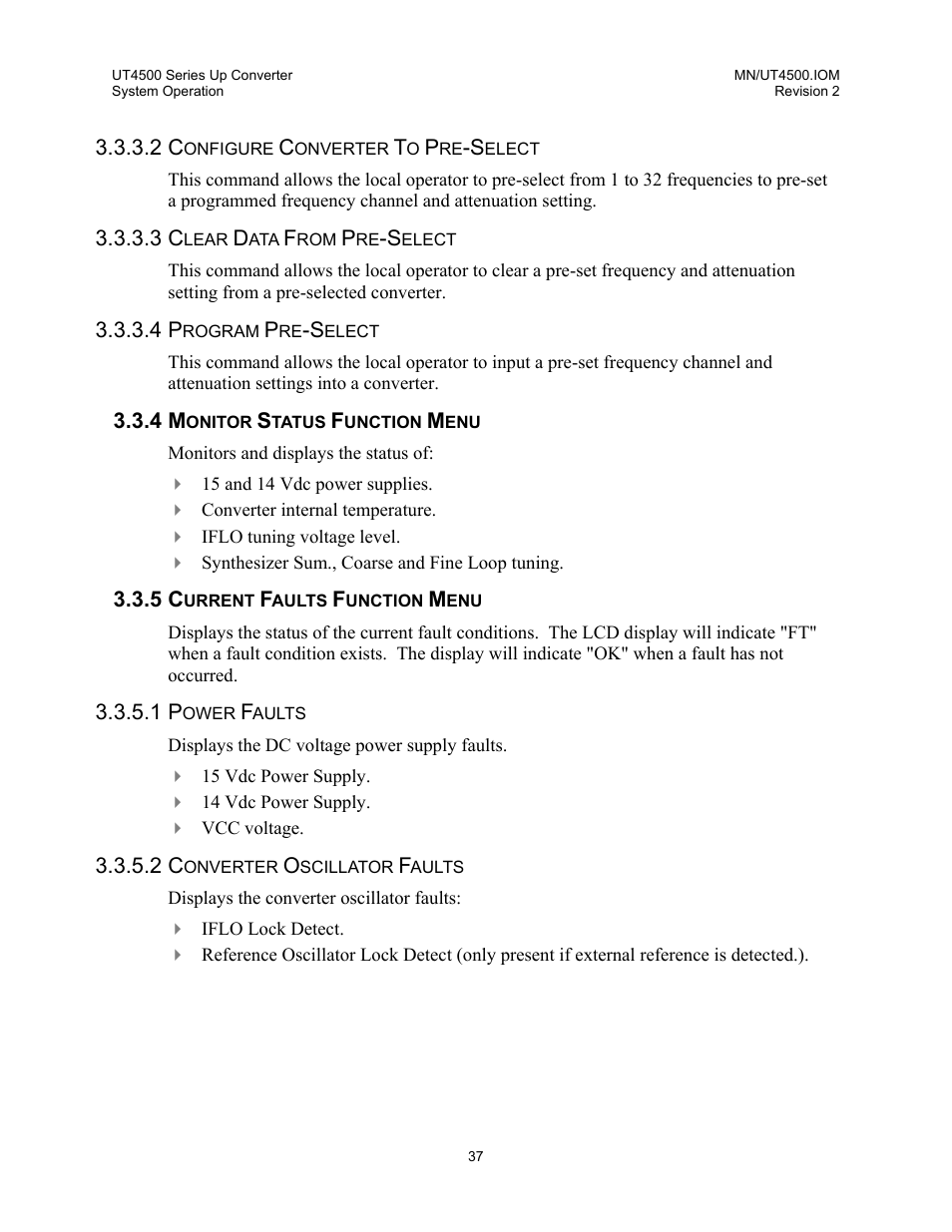 Configure converter to pre-select, Clear data from pre-select, Program pre-select | Monitor status function menu, Current faults function menu, Power faults, Converter oscillator faults | Comtech EF Data UT-4500 Series User Manual | Page 55 / 112