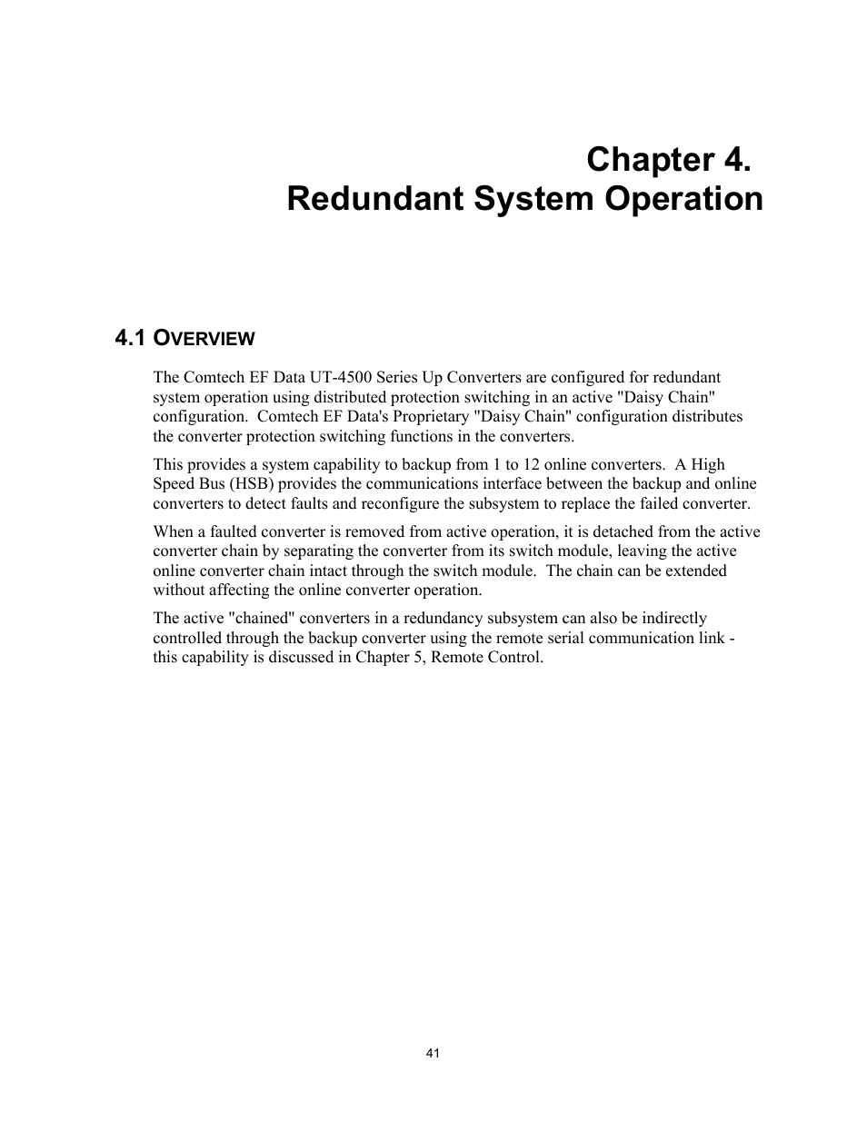 Redundant system operation, Overview, Chapter 4. redundant system operation | Comtech EF Data UT-4500 Series User Manual | Page 59 / 112