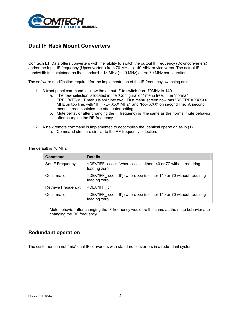 Dual if rack mount converters, Redundant operation | Comtech EF Data UT-4500 Series User Manual | Page 6 / 112