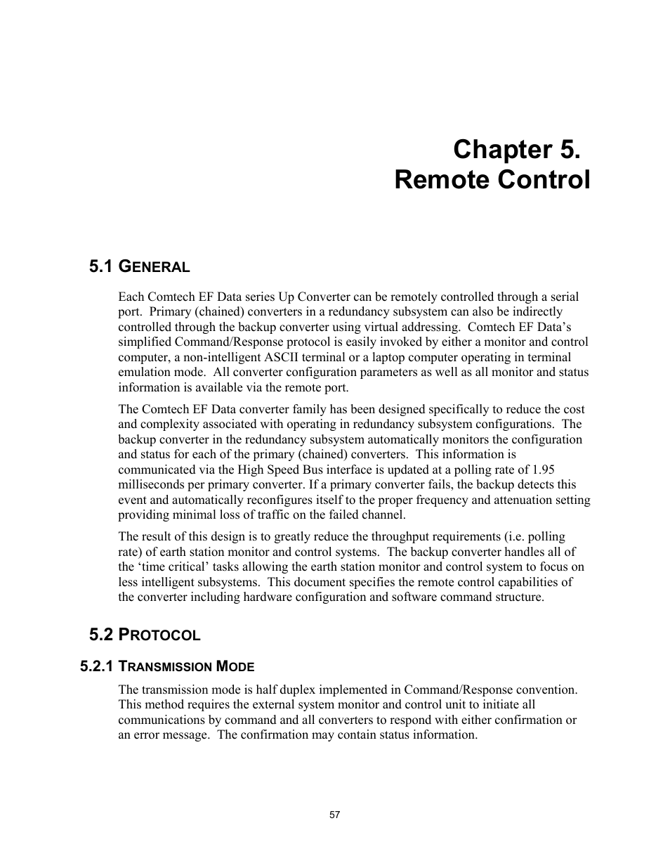 Remote control, General, Protocol | Transmission mode, Chapter 5. remote control | Comtech EF Data UT-4500 Series User Manual | Page 75 / 112