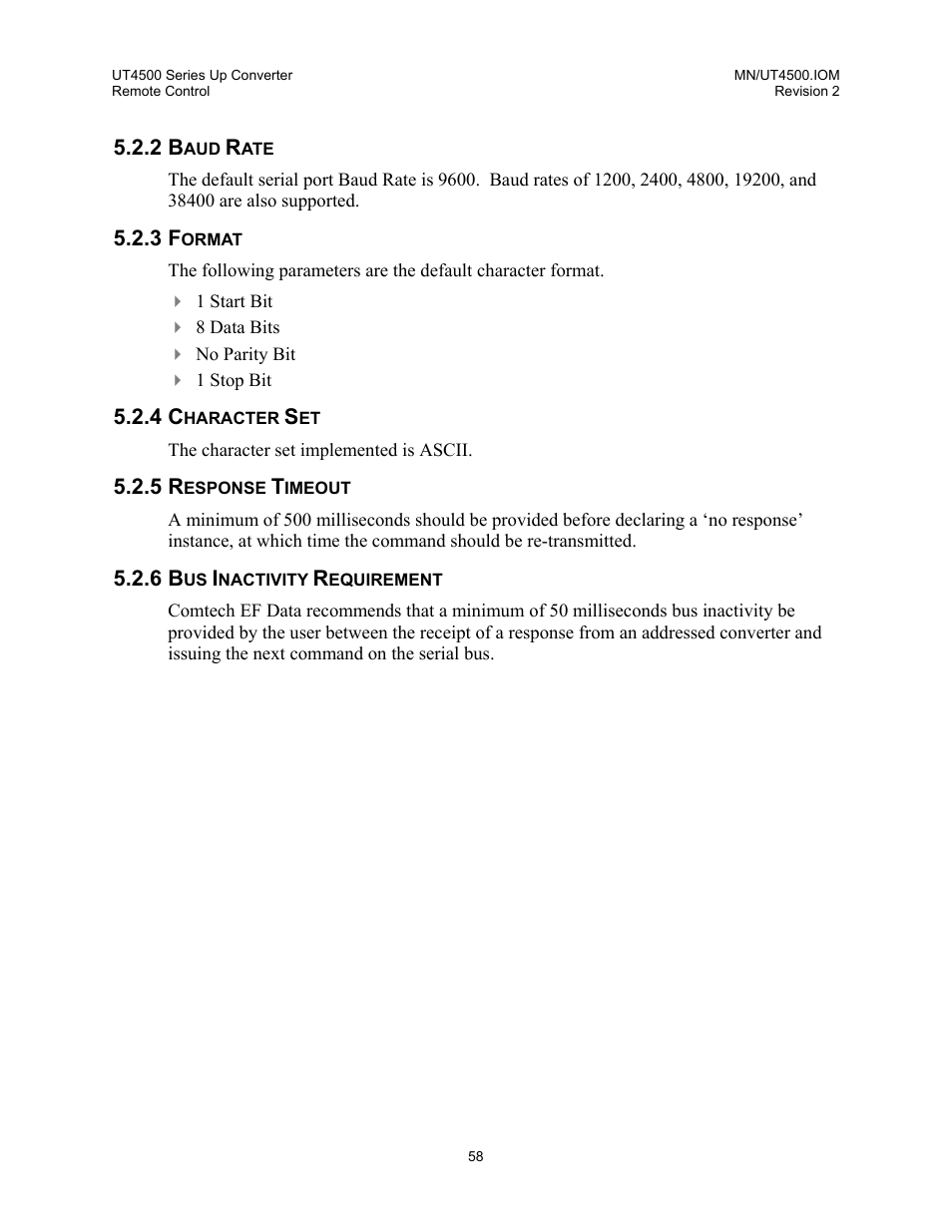 Baud rate, Format, Character set | Response timeout, Bus inactivity requirement | Comtech EF Data UT-4500 Series User Manual | Page 76 / 112