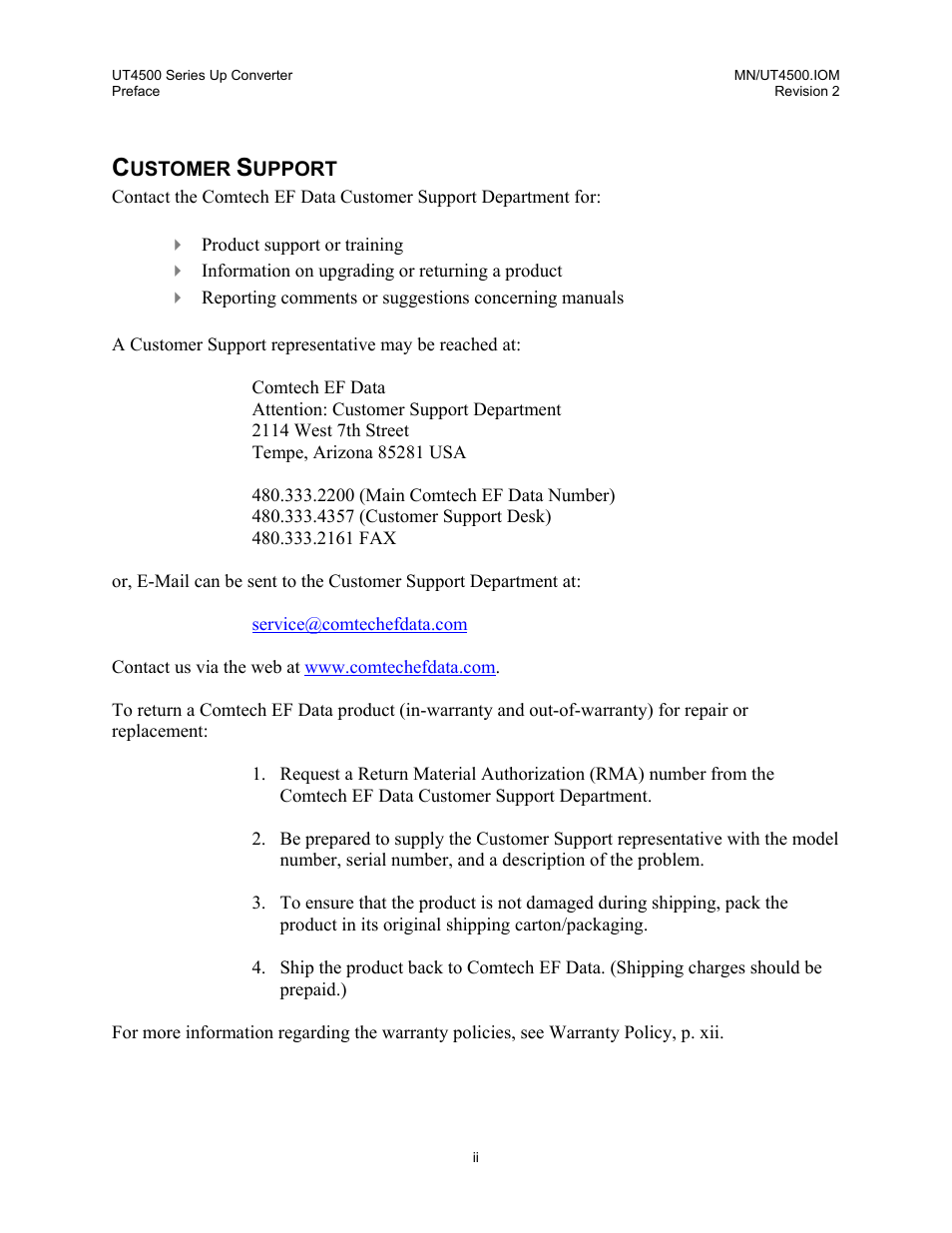 Customer support | Comtech EF Data UT-4500 Series User Manual | Page 8 / 112