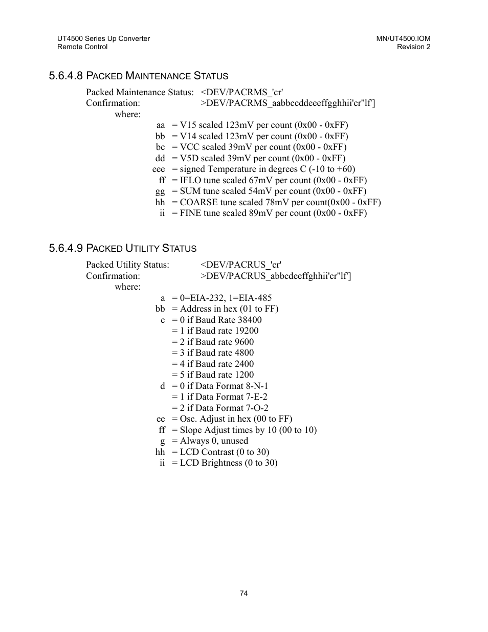 Packed maintenance status, Packed utility status | Comtech EF Data UT-4500 Series User Manual | Page 92 / 112
