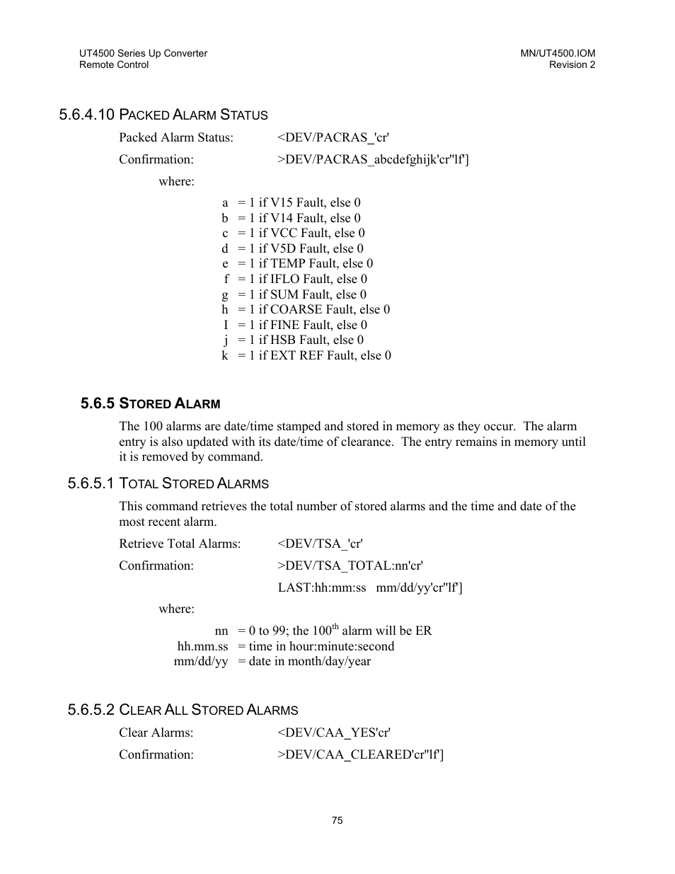 Packed alarm status, Stored alarm, Total stored alarms | Clear all stored alarms | Comtech EF Data UT-4500 Series User Manual | Page 93 / 112