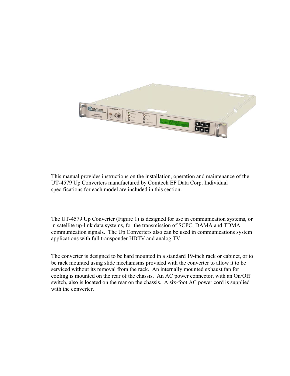 Introduction, Overview, Functional description | Chapter 1, 1 overview, 2 functional description, Chapter 1. introduction | Comtech EF Data UT-4579 User Manual | Page 17 / 100