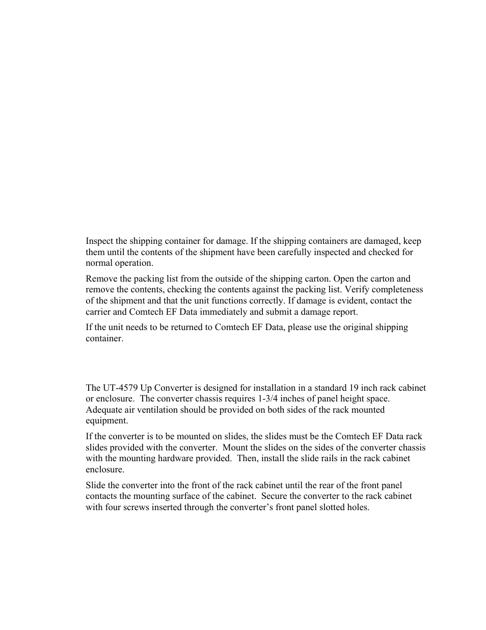 Installation, Unpacking and inspection, Rack mount installation | Chapter 2, 1 unpacking and inspection, 2 rack mount installation, Chapter 2. installation | Comtech EF Data UT-4579 User Manual | Page 25 / 100
