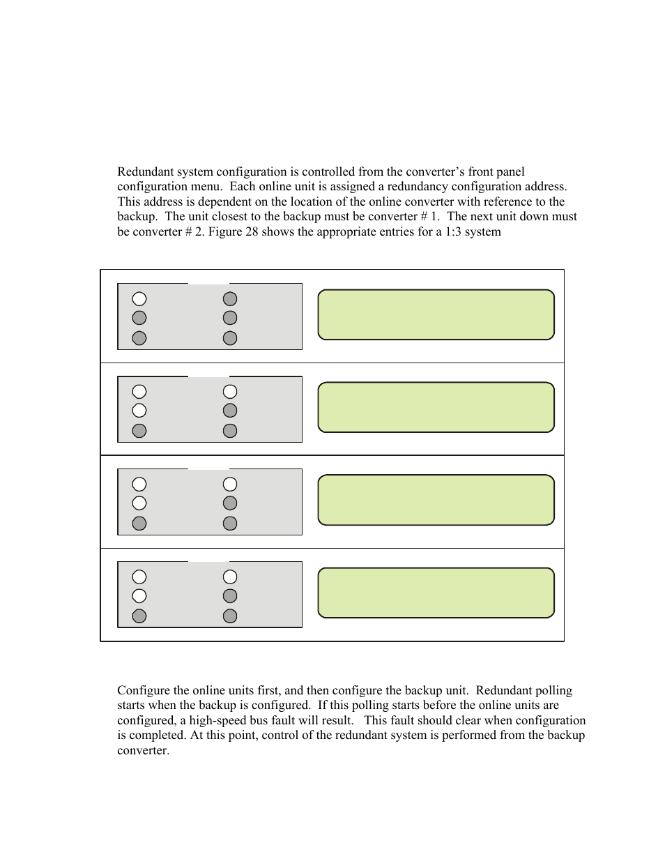 Redundant system configuration, Initial configuration, A.4 redundant system configuration | A.4.1 initial configuration, Figure 28. 1:3 front panel displays, A.4 r, A.4.1 i, Redundancy-config?-on--- -converter-#-bu :03, Redundancy-config?-on--- -converter-#-01, Redundancy-config?-on--- -converter-#-02 | Comtech EF Data UT-4579 User Manual | Page 55 / 100