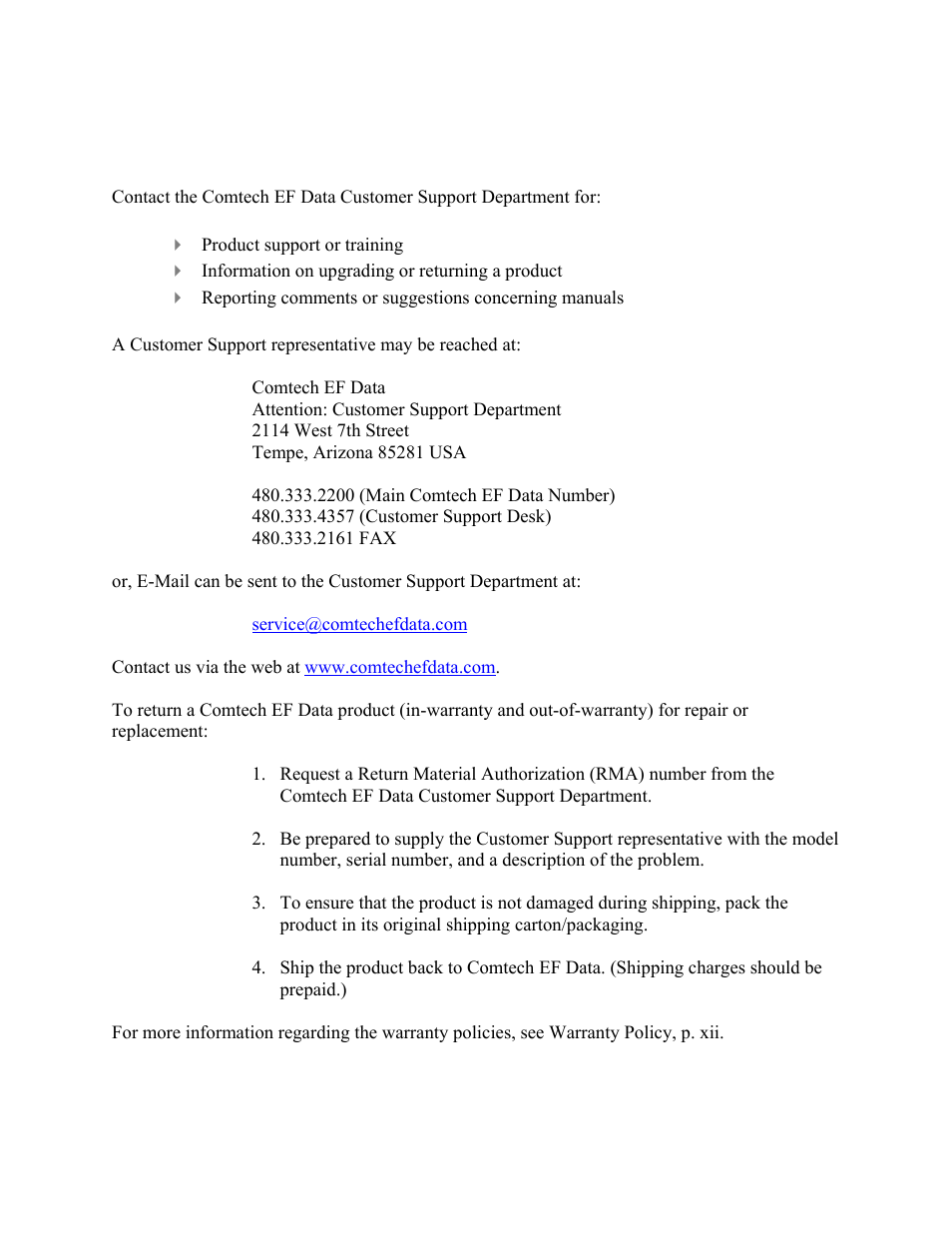 Customer support | Comtech EF Data UT-4579 User Manual | Page 6 / 100