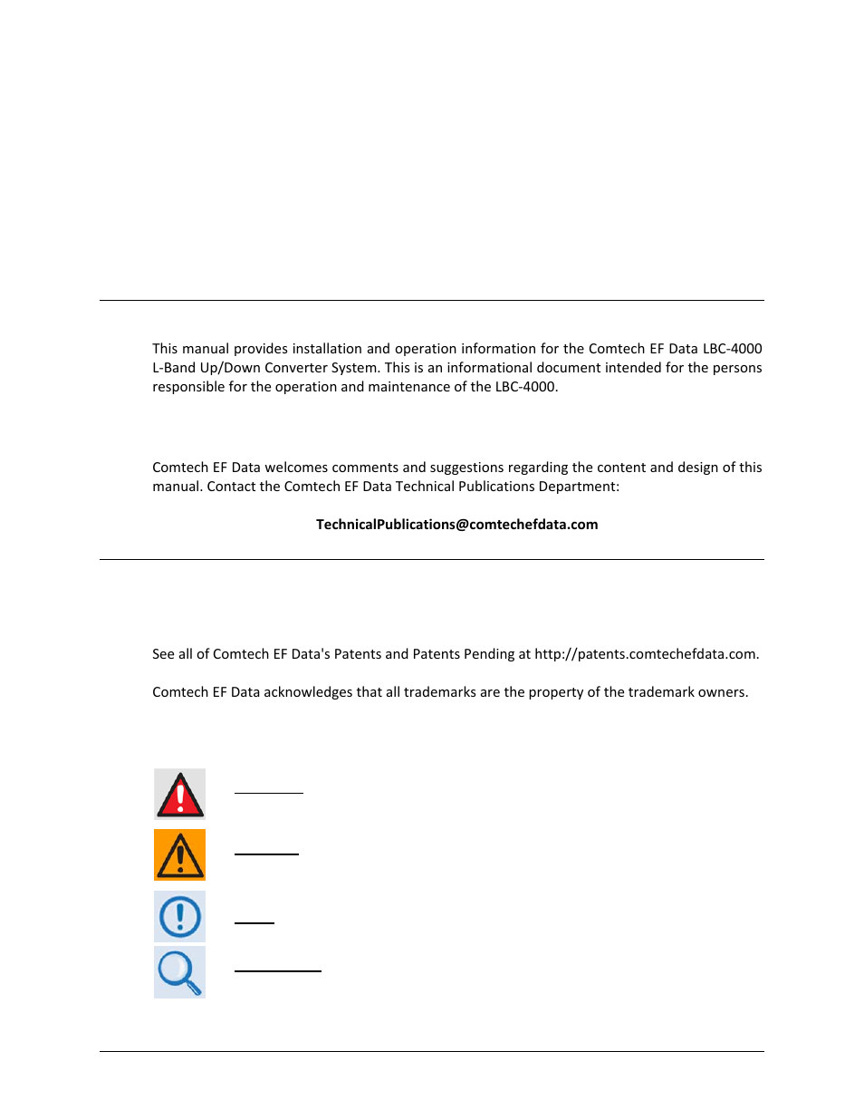 Preface, About this manual, Conventions and references | Patents and trademarks, Warnings, cautions, and notes | Comtech EF Data LBC-4000 User Manual | Page 11 / 108