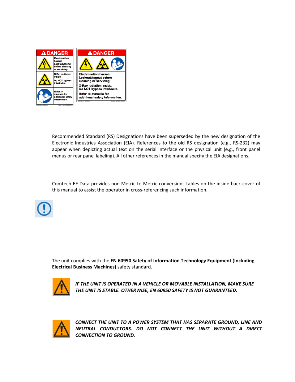 Examples of multi-hazard notices, Recommended standard designations, Metric conversion | Safety and compliance, Electrical safety and compliance, Electrical installation | Comtech EF Data LBC-4000 User Manual | Page 12 / 108