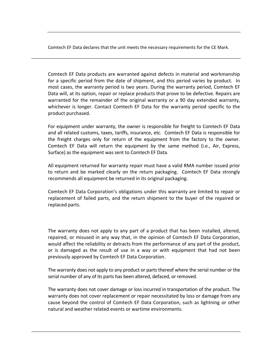 Ce mark, Warranty policy, Limitations of warranty | Comtech EF Data LBC-4000 User Manual | Page 15 / 108