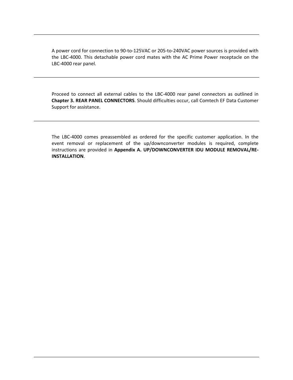 3 connecting the prime power, 4 connecting external cables, 5 removing or installing converter modules | Comtech EF Data LBC-4000 User Manual | Page 33 / 108