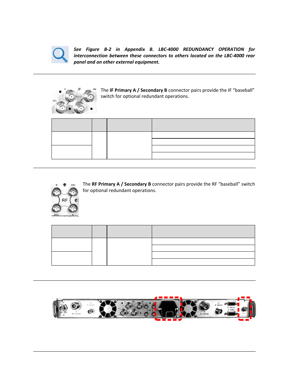 3 optional 1:1 redundancy connectors, 1 optional if connectors (type ‘bnc’ female), 2 optional rf connectors (type ‘sma’ female) | 3 lbc-4000 ground and power connections | Comtech EF Data LBC-4000 User Manual | Page 43 / 108