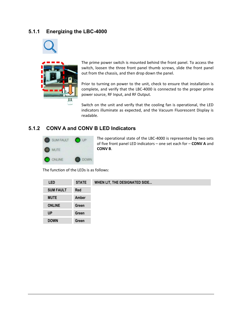 1 energizing the lbc-4000, 2 conv a and conv b led indicators | Comtech EF Data LBC-4000 User Manual | Page 58 / 108