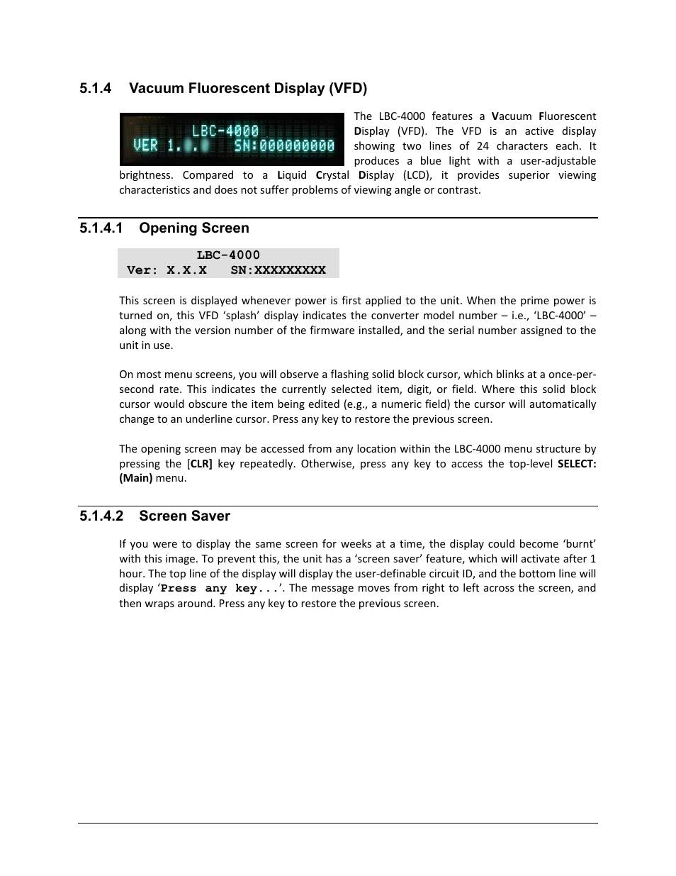 4 vacuum fluorescent display (vfd), 1 opening screen, 2 screen saver | Comtech EF Data LBC-4000 User Manual | Page 60 / 108