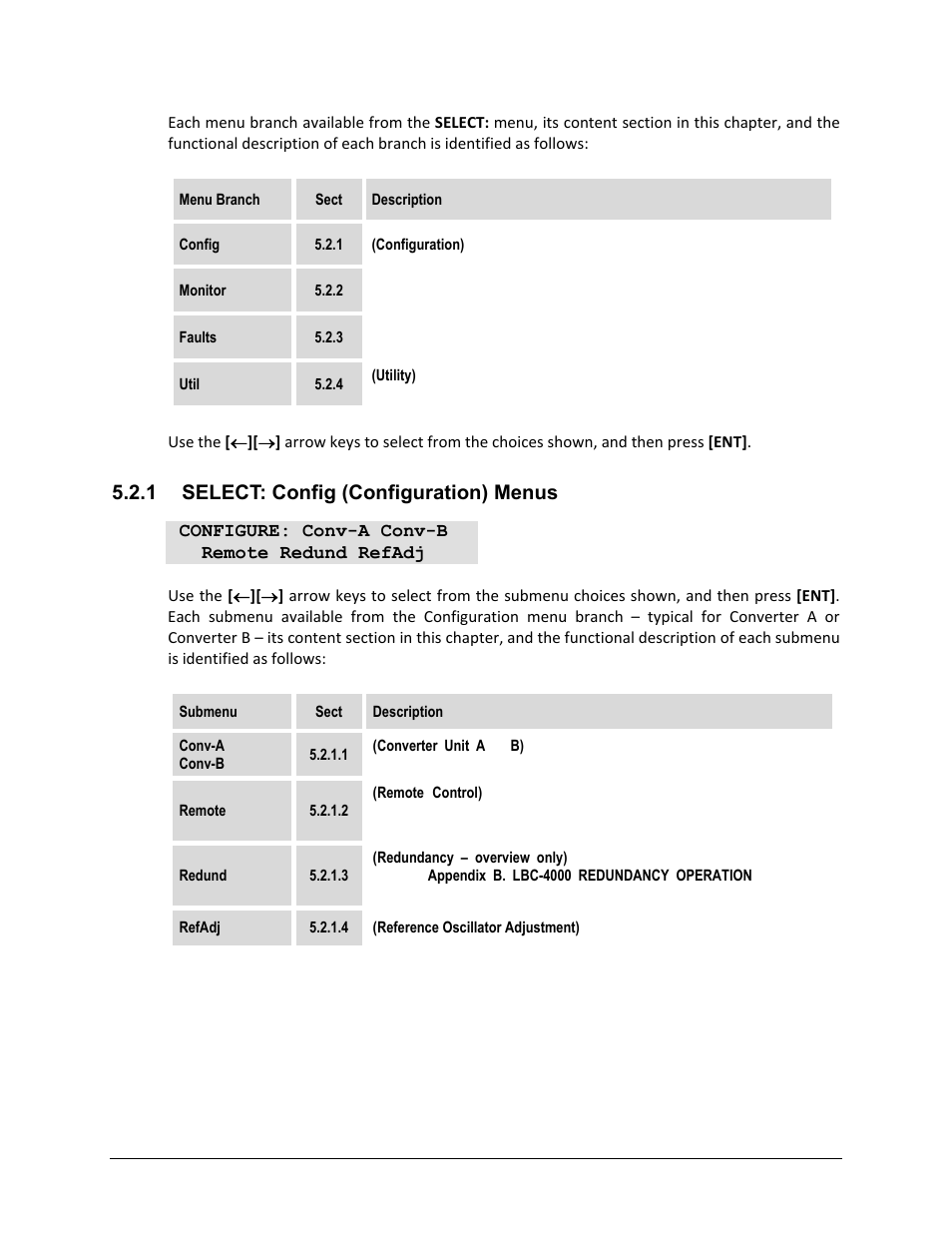 1 select: config (configuration) menus | Comtech EF Data LBC-4000 User Manual | Page 62 / 108