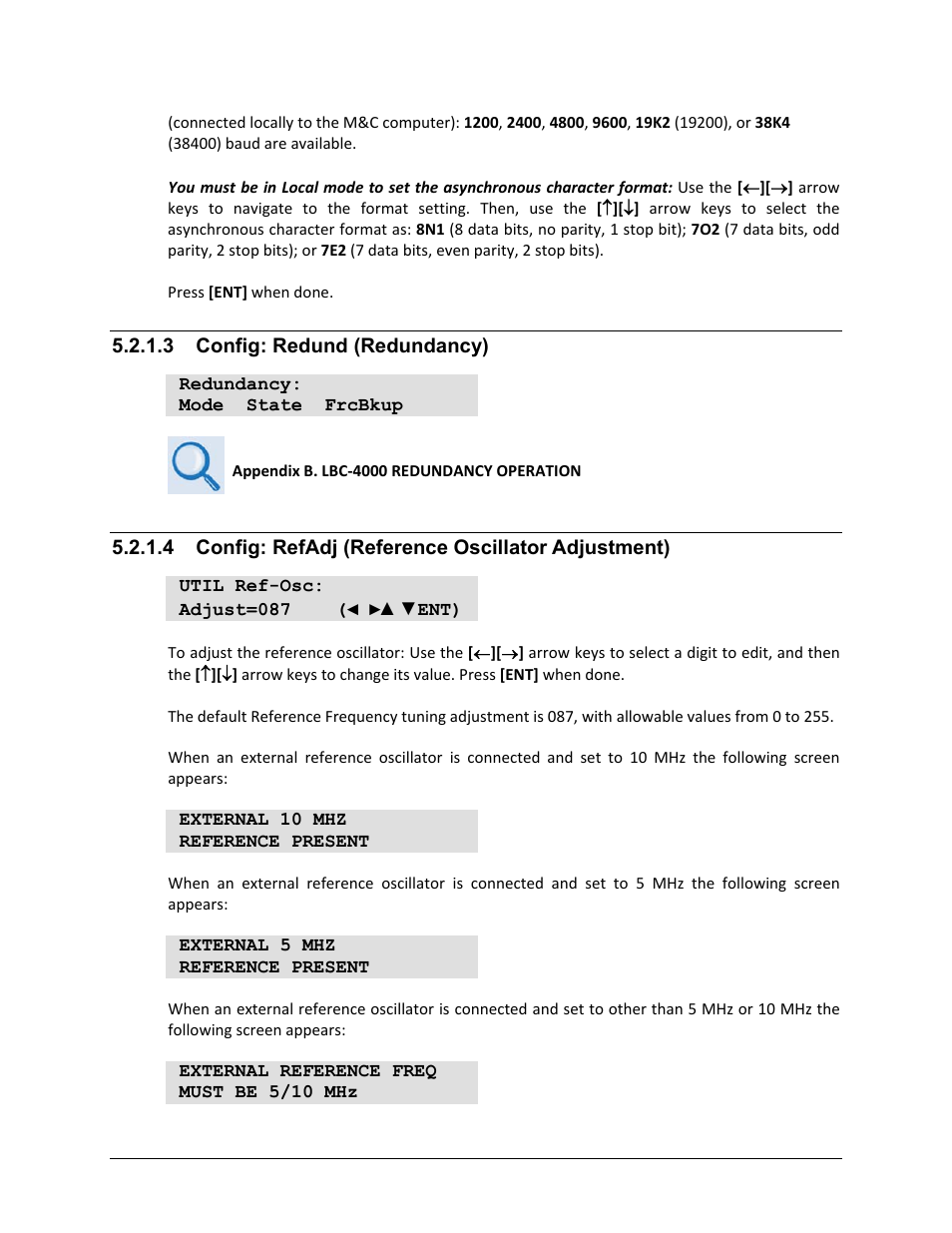 3 config: redund (redundancy), 4 config: refadj (reference oscillator adjustment) | Comtech EF Data LBC-4000 User Manual | Page 65 / 108